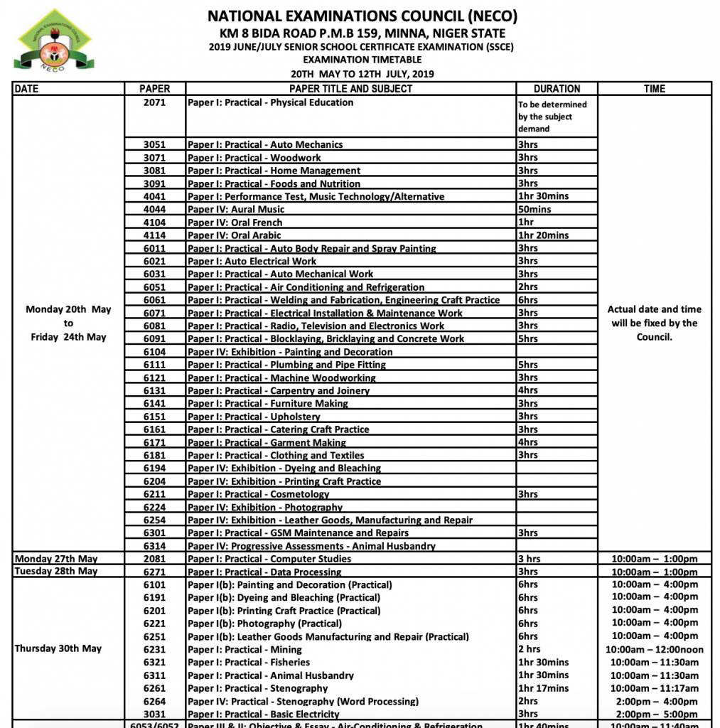 NECO Timetable 2019 June July 2019 Neco Time table